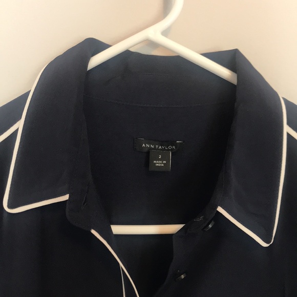 Ann Taylor navy and white silky button down blouse - Picture 3 of 8